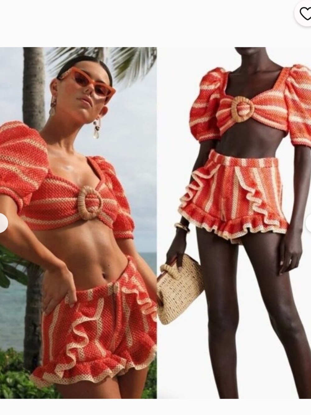 PatBO Orange and Cream Crochet Puff-Sleeve Crop Top & Ruffle Shorts Set